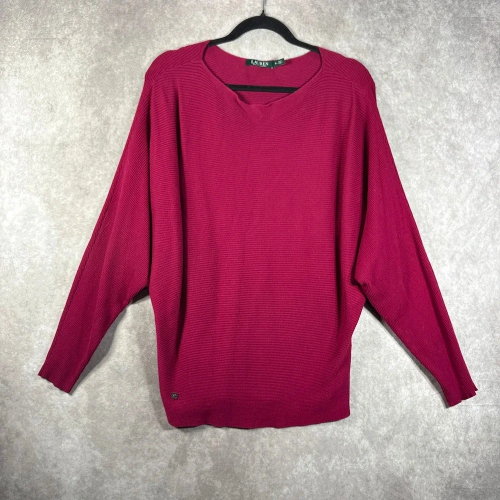 Lauren Ralph Lauren Sweater Women M Pink Ribbed Batwing‎ Cotton Blend Pullover